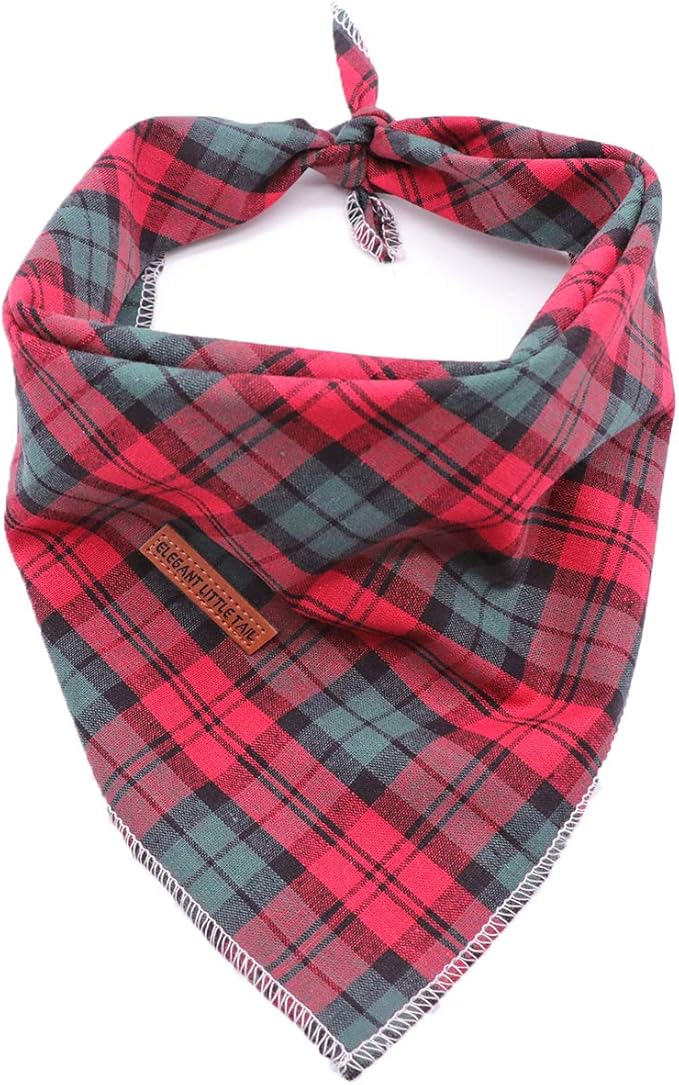 Elegant Little Tail Christmas Bandana 1PCS Plaid Pet Bandana Washable Reversible Cotton Boy Bibs Scarf, Adjustable Square Kerchief for Small to Large Dogs and Cats