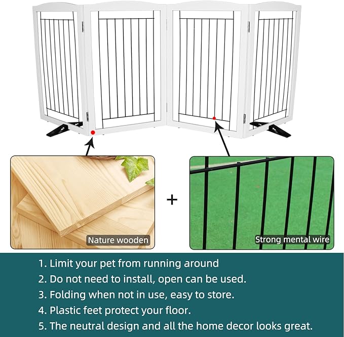 Dog Fence Indoor,Dog Gate Indoor for Doorway pet gate -4-Panel Freestanding, Hallways, House or Stairs -80x32-Inch Retractable Foldable Expandable Wood Pet by SFJC (White)
