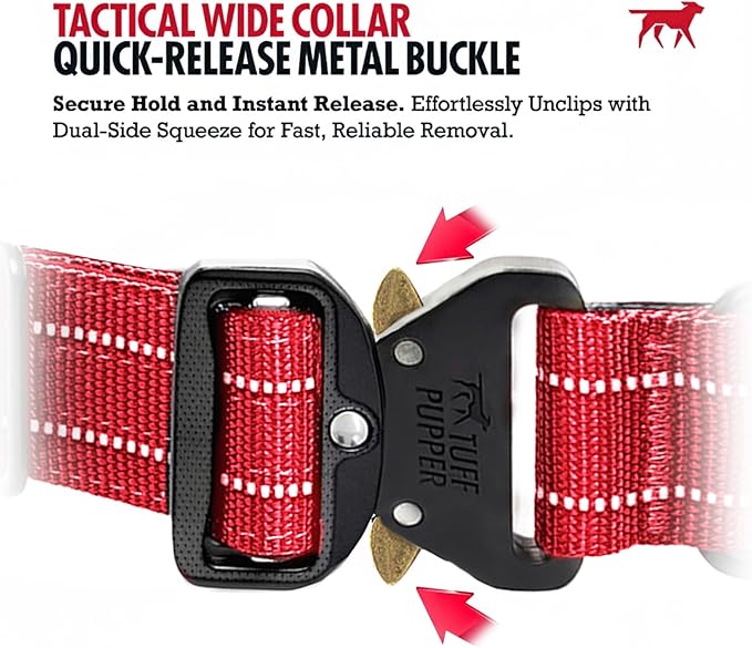 Tuff Pupper Tactical Dog Collar with Handle | Heavy Duty Adjustable Dog Collar | Military Nylon Collar for Large Dogs | Quick-Release Buckle | Soft Padded Comfort | Training Control (Red, Large)