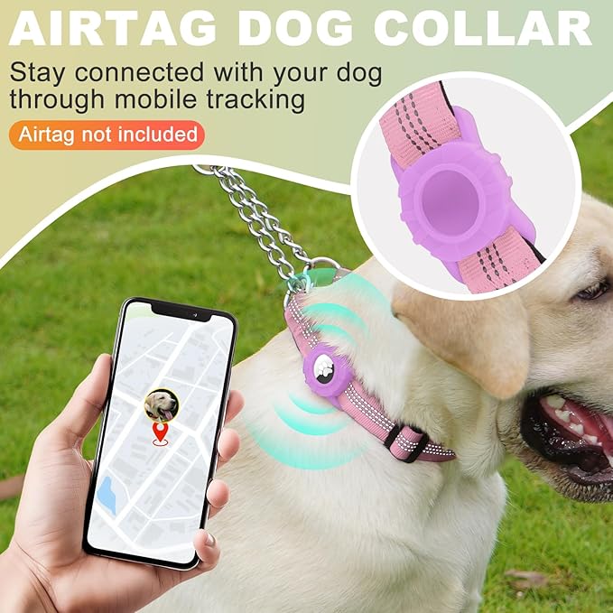 Cymiler Martingale Dog Collar with AirTag Holder, Reflective Nylon Training Collar, Stainless Steel Chain, Heavy Duty Buckle, Limited Slip Collars for Small Medium Large Dogs (Pink, X-Large)