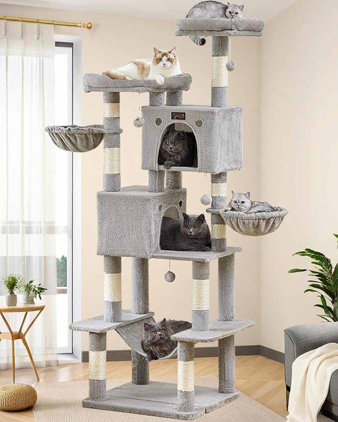 Cat Tree Tower for Indoor Large Cats, Cat Scratching Post with Big Perch Bed, Tall Trees House with Condo Cave, Toy Balls, Modern Climbing Furniture Big Platform for Kitten
