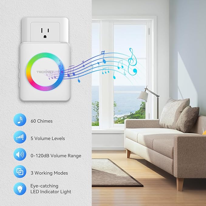 TECKNET Wireless Doorbell, Door Bell 0-120dB, 1300 ft Wireless Range, IP65 Waterproof Classroom Doorbells, 60 Chimes & 5 Volume Levels, RGB Light for Home Kid Room Office Hearing Impaired