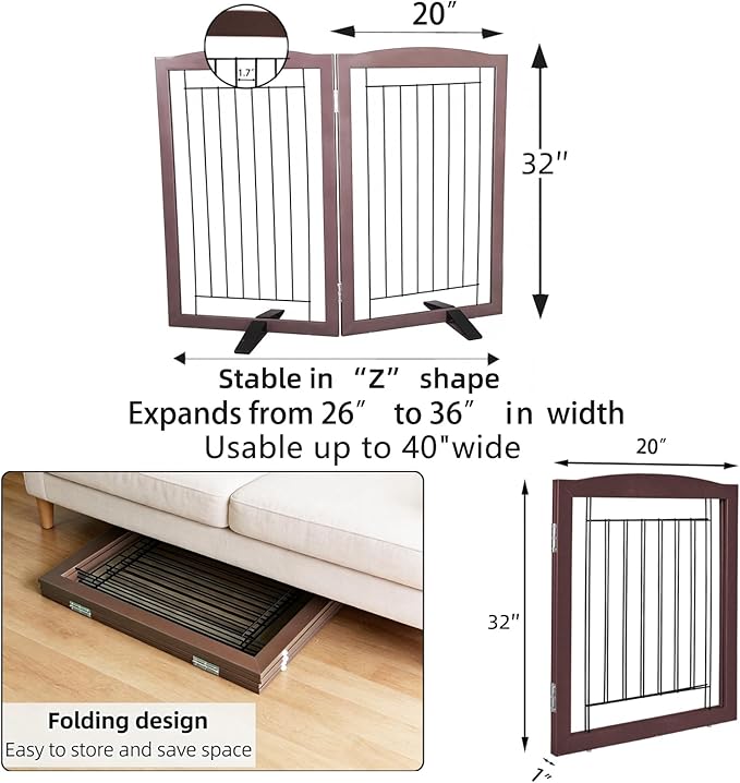 Dog Fence Indoor,Dog Gate Indoor for Doorway pet gate -2-Panel Freestanding, Hallways, House or Stairs -40x32-Inch Retractable Foldable Expandable Wood Pet by SFJC (Brown) ﻿