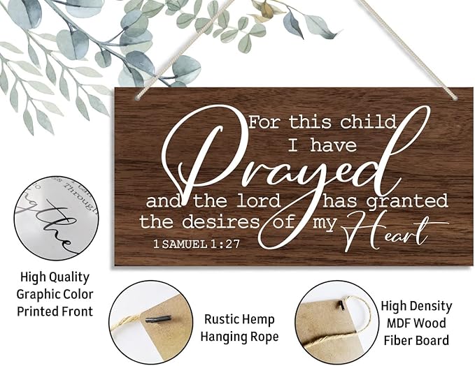 1 Samuel 1:27- For This Child I Have Prayed Inspirational Quote Wood Decor Sign, Bible Verses Decor Signs, Hanging Printed Wooden Plaque Decor, Gift for Nursery Girls Boys Room Decor 12x6 inch