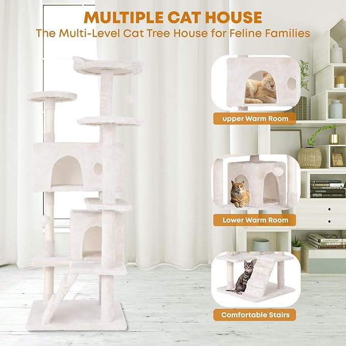 54inCat Tree Tower for Indoor Cats, Cat Tower with Cat Scratching Post, Multi-Level Cat Furniture, Cat Tower with Funny Toys for Kittens-Beige