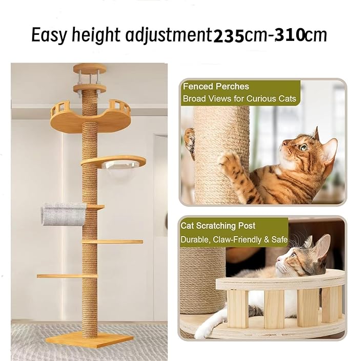 Sturdy Floor-to-Ceiling Cat Tree | Solid Real Wood 55-122'' Height Adjustable Drill-Free Tower | Ideal for Multi-Cat Households & Large Breeds with Extra-Thick 4.3" Solid Wooden Posts