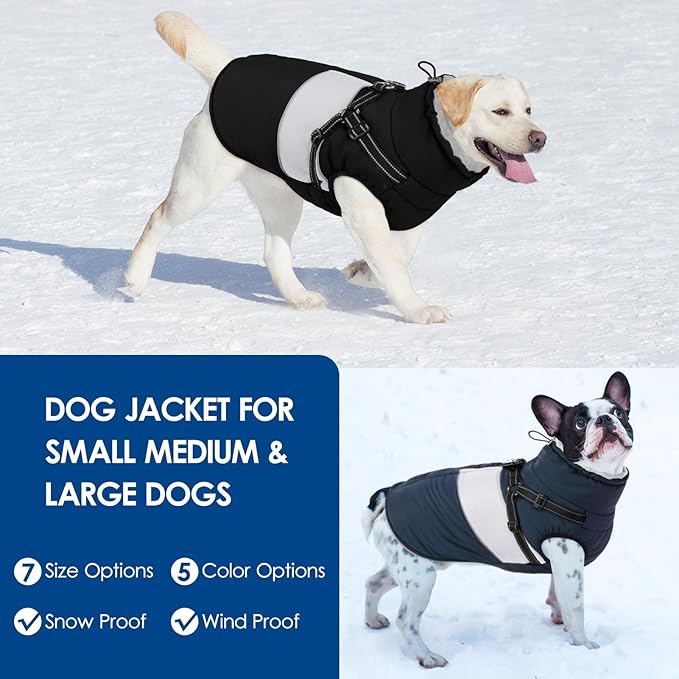 KOESON Dog Coat, Windproof Dog Winter Coat with Harness Built in for Extra Large Dogs, Waterproof Reflective Pet Snow Jacket with Warm Fleece Lining for German Shepherd, Labrador Retriever