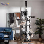 PawHut Floor to Ceiling Cat Tree, 240-260cm Adjustable Height Cat Tower with Scratching Posts, Cat Houses, Ramps, Hammocks, Toy Balls, Tunnel for Indoor Cats - Dark Grey