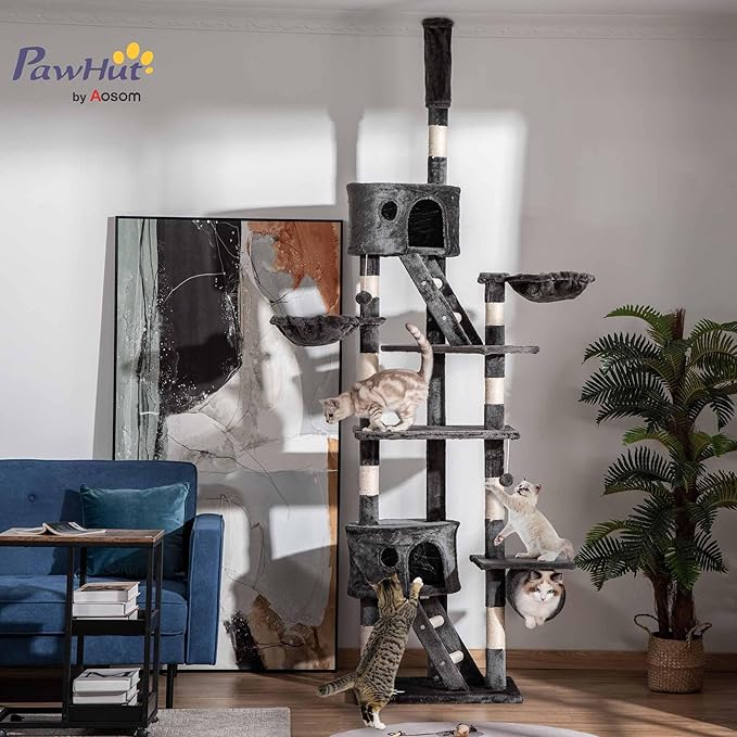 PawHut Floor to Ceiling Cat Tree, 240-260cm Adjustable Height Cat Tower with Scratching Posts, Cat Houses, Ramps, Hammocks, Toy Balls, Tunnel for Indoor Cats - Dark Grey