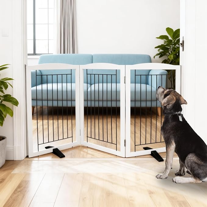 Dog Fence Indoor,Dog Gate Indoor for Doorway pet gate -3-Panel Freestanding, Hallways, House or Stairs -60x32-Inch Retractable Foldable Expandable Wood Pet by SFJC (White) ﻿