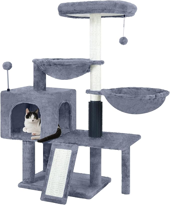 Cat Tree with Cat Condo and Hammock,Cat Tower with Self-Grooming Brush,Toy Balls,Scratching Posts and Scratching Pads,Cat Tree Tower for Indoor Cats,Grey