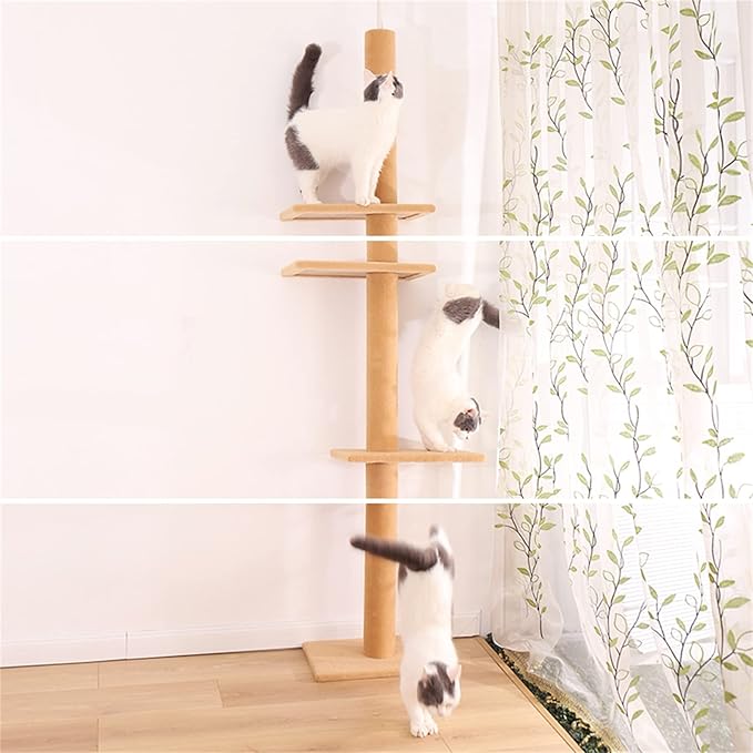 Cat Tree for Indoor Cats,3-Tier Floor to Ceiling Cat Climbing Tree 9 Feet,Tall Climbing Activity Center with Scratching Post,Cozy Bed,for Indoor Cats Upgraded (Khaki)