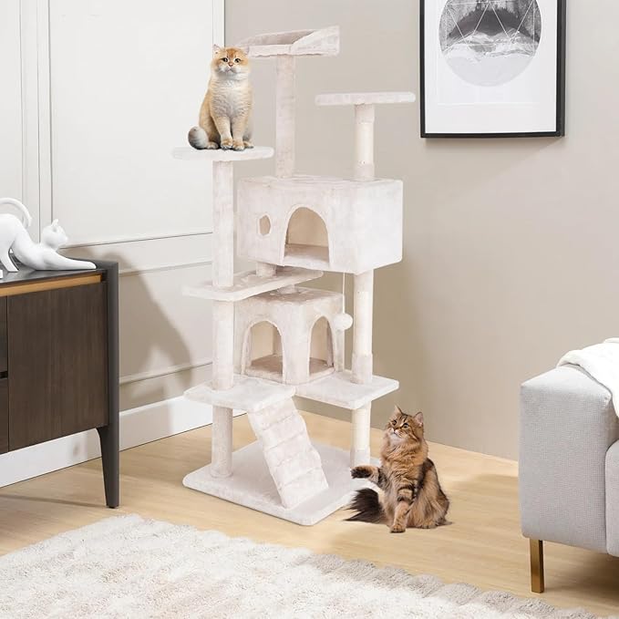 Cat Tree 53 inches Cat Tower for Indoor Cats Cat House with Replaceable and Removable Dangling Ball Cat Trees and Towers with Funny Toys, Beige