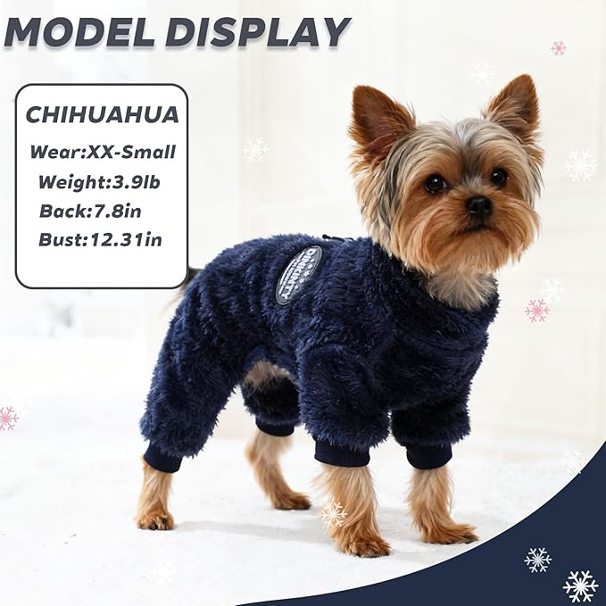 Fleece Dog Pajamas Winter Warm Dog Sweater for Small Dogs Thermal Soft Puppy Pjs Coat Stretchy Jumpsuit Doggie Pet Clothes Outfits Cat Apparel (Navy Blue, X-Small)
