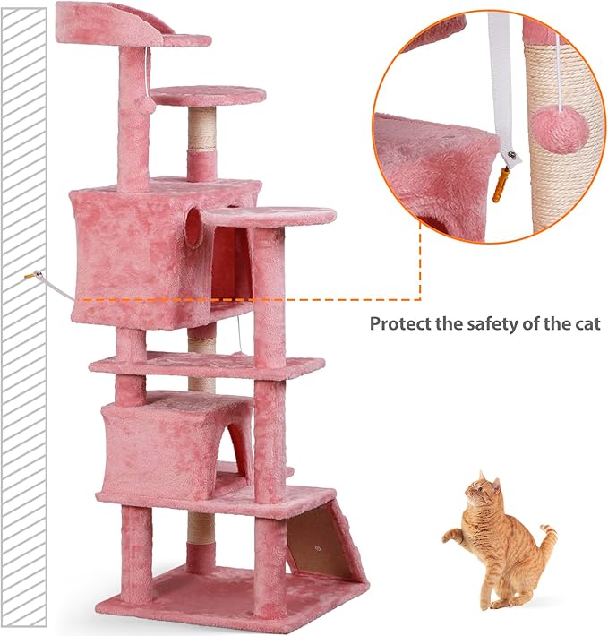 ZENY 54 Inch Cat Tree, Multi-Level Cat Condo with Scratching Post + 2 Play Houses, Pet Furniture in Pink