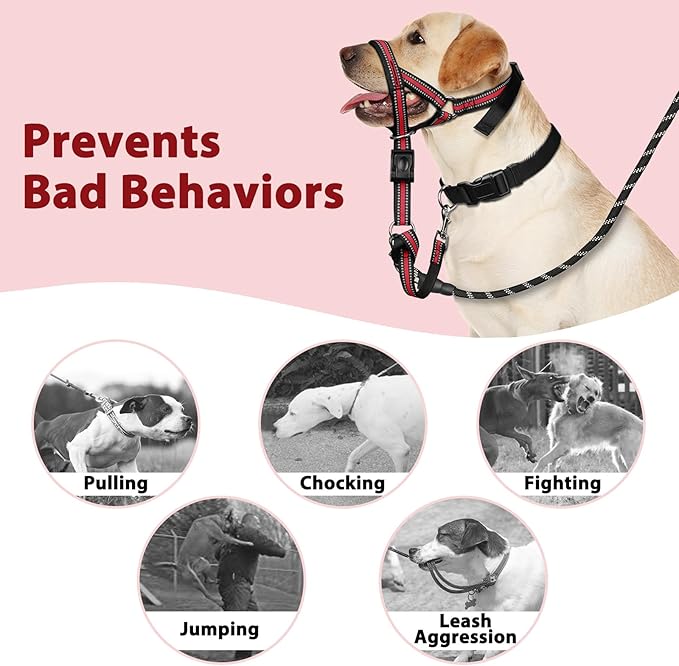 BARKLESS Soft Dog Head Collar, Patented Padded No Pull Head Halter, Training Nose Leash with Safety Link for Medium Large Dogs, Adjustable Muzzle Leash, Easy Control for Walking (M, Red)
