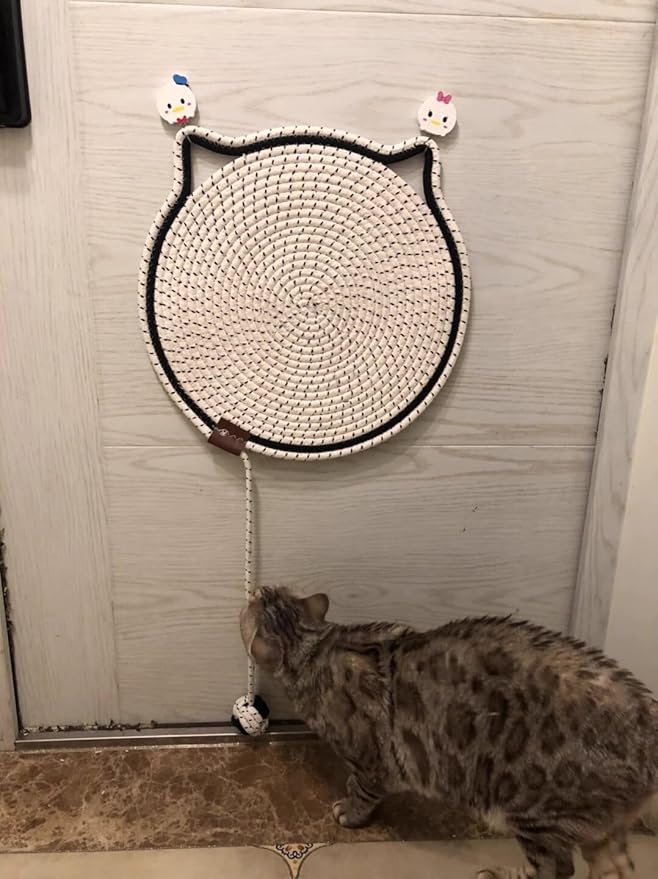 LOS ANDES 15.7'' Cat Scratcher Mat, Natural Cotton Rope Round Pad for Cats, Indoor Scratching Pads with Chew Rope and Ball, Cat Furniture Protector for Wall, Couch, Carpets, Sofa