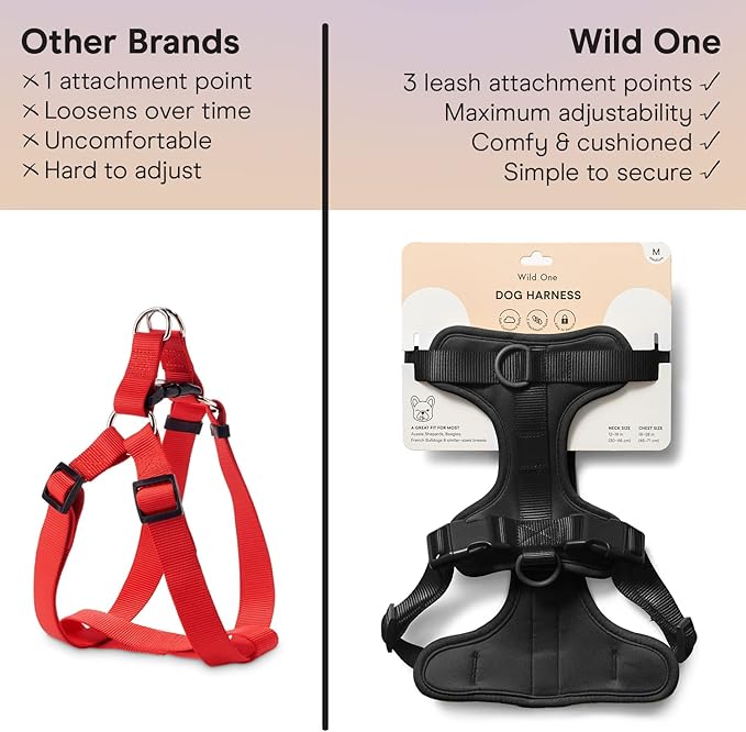 Wild One Dog Harness, The Original No-Pull, Pet Harness with 3 Leash Clips, Adjustable Soft Padded Vest, Comfortable, Stretchy, Size L, Black