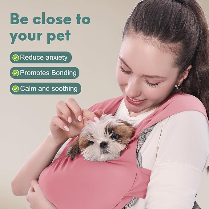 Supet Dog Sling Carrier for Small Pets, Hands Free Cat Sling, Reducing Back Neck Pain Anti-Anxiety Puppy Front, Adjustable Soft Dog Carrying (Pink, Plus 7-15 Lbs)