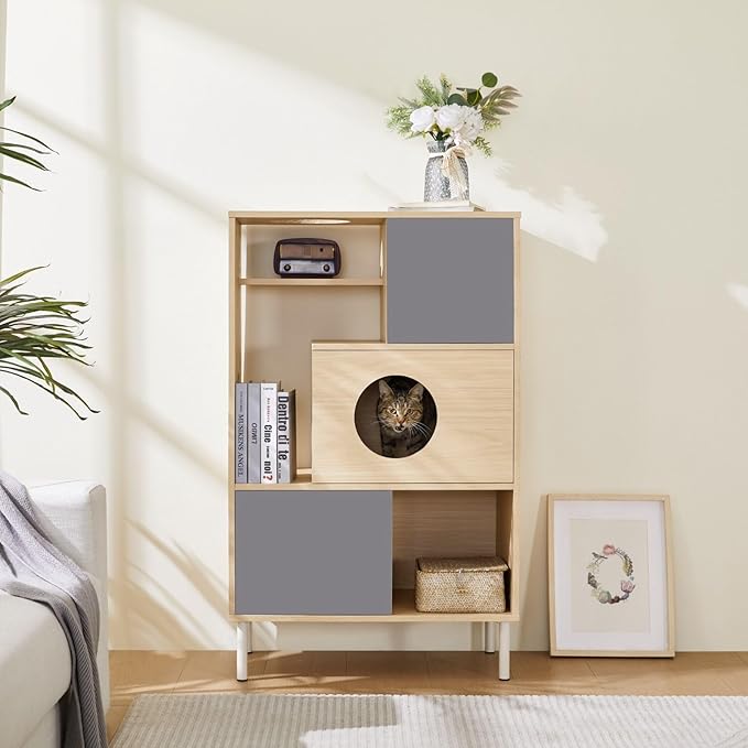 Modern Cat Tree Furniture with Shelves and Storage, 44.5" Tall Cat House Condo Bookcase Cabinet, Indoor Pet Tower with 3 Hideaway Cubes for Living Room