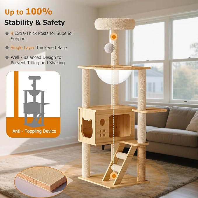 Large Cat Tree,124 Tall Wooden Cat Tower with Spacious Cave,Transparent Space Capsule,8 Fully Scratching Posts and Natural Wood Posts, Kitty Condo with Multi-Layer Platform