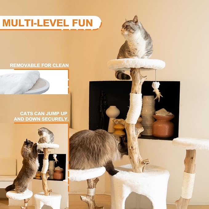 Petest Cat Tree 38 Inch Real Wood Cat Tower with Natural Branches, Cat Condo for Indoor Cats, Modern Cat Furniture with Sisal Scratching Post, Perches & Hanging Toy
