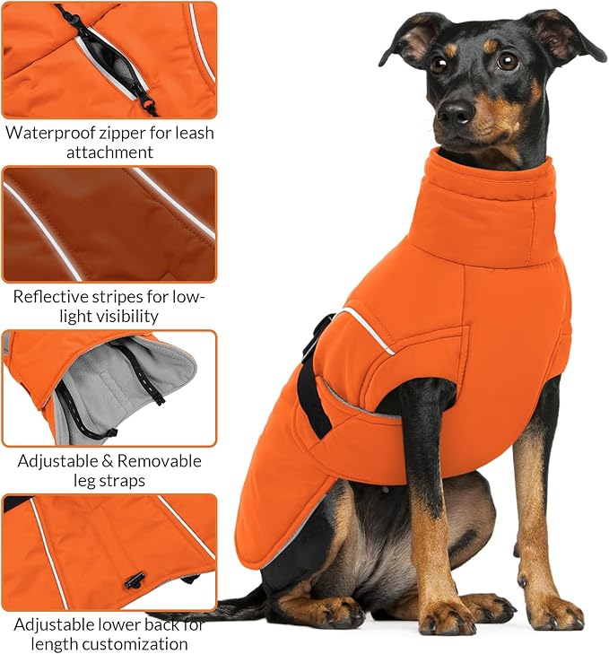 Queenmore Winter Dog Coat Warm Dog Jacket Vest Waterproof Puffer Fleece Snowsuit Adjustable Buckle Leash Hole Reflective Cold Weather Parka for Small Medium Large Dogs Girl Boy Orange XXL