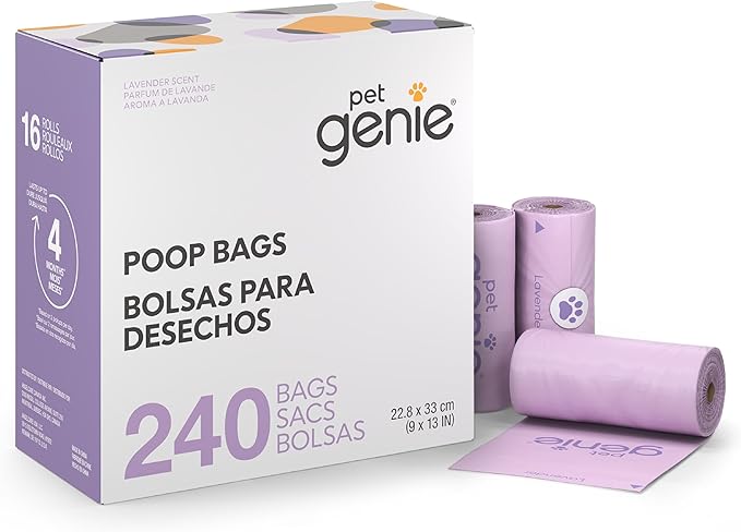 Pet Genie, Dog Poop Bags Rolls Scented, Extra Strong & Leak-Proof for Dogs, Lavender Scented, Easy Tear Pet Waste Bags, Made from 65% Recycled Plastic, 16 Rolls (240 Count)