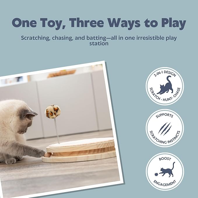 Trixie Cat Scratching Pad with Track Balls & Spring Toy | 3-in-1 Interactive Wooden Scratcher, Sisal Pad, Ball Track with Bell, Mental Stimulation & Exercise for Indoor Cats