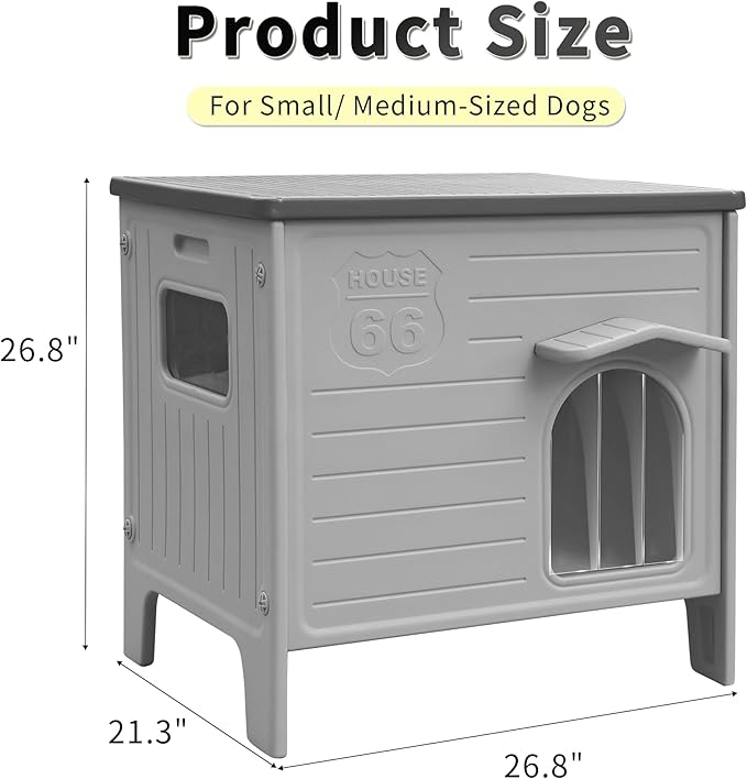 Rockever Dog House Outdoor Indoor for Small Medium Dogs, Plastic Elevated Outdoor Dog House Waterproof Dog Kennel with Window, Easy Clean and Assemble(M)