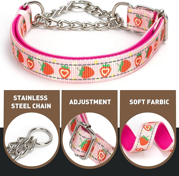 Cute Strawberry Pattern No-Pull Dog Collar, Reflective Martingale Training Collar with Adjustable Chain for Medium, Large & XL Breeds(Strawberry M)