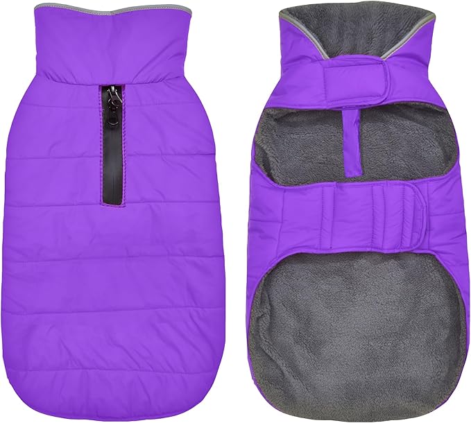 Dog Winter Coat, Waterproof Dog Jacket with Leash Hole, Reflective Adjustable Pet Snow Vest, Warm Fleece Sweater for Small Medium Large Dogs - Purple, L
