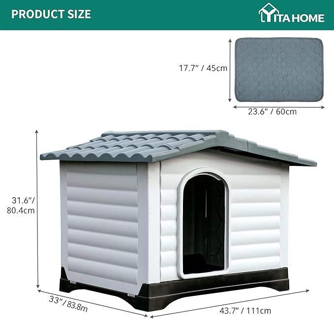 YITAHOME 2-Door Large Dog House with Elevated Base & Cushion, Plastic Pet House for Small and Medium Dogs, Easy Assembly, Waterproof for Indoor/Outdoor Use (36''L x 27.1''W x 26''H)