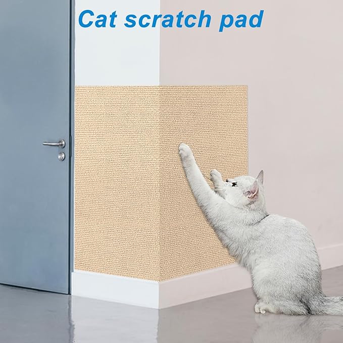 4 Pack Cat Scratch Mats 24”x16”, Self-Adhesive Trimmable Cat Scratching Post Carpet Cat Floor Scratching Pad Rug Cat Tree Replacement Parts Mat Cat Scratcher for Step Couch Furniture Protector(Beige)