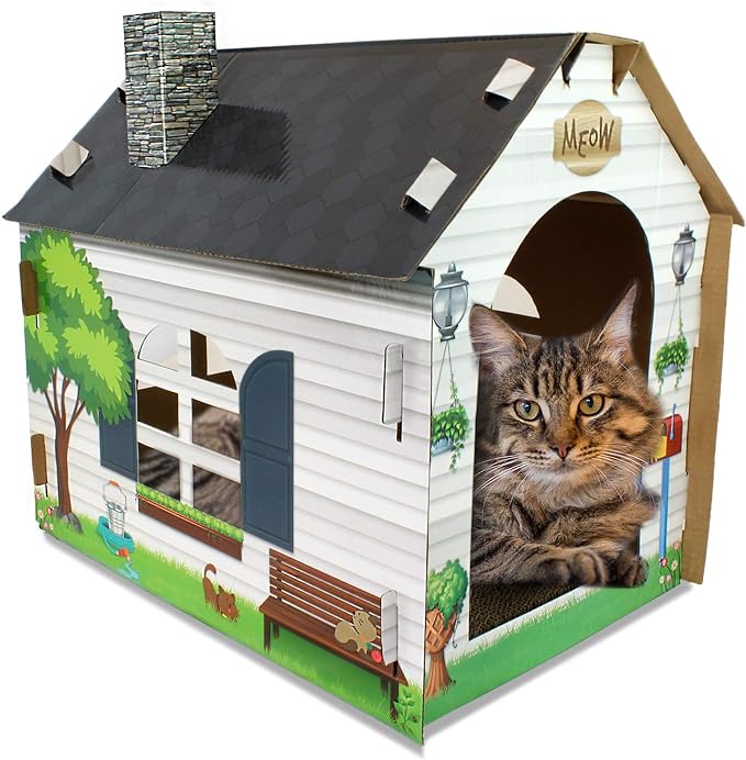 ASPCA Cardboard Cat House Hideaway Playhouse with Cat Scratcher Scratching Pad 19" L x 13" W x 17" H