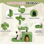 Outvita Cat Tree 36in Monstera Cat Tower with Leaves, Multi-Level Cat Tree Tower with Cat Scratching Post, Cozy Cat Condo, Padded Beds, Dangling Ball for Kittens and Indoor Cats, Green