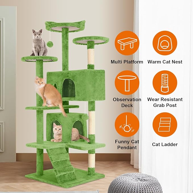 Cat Tree 69.3 inches Cat Tower for Indoor Cats Cat House with Replaceable and Removable Dangling Ball Cat Trees and Towers with Funny Toys, Green
