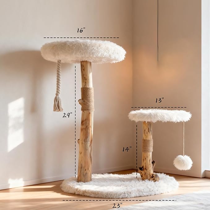 Modern Cat Tree Tower for Indoor Cats, Natural Solid Wooden Branch with Sisal Scratching Post, Log Style Cat Furniture with Perches Platform & Toy Ball for Multi-Cat Households