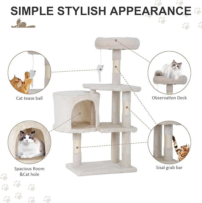 36" Multi-Level Cat Tree Tower with Scratching Posts, Toys & Condo - Space-Saving Design for Indoor Kittens, Compact Floor Footprint & Vertical Space for Multi-Cat Homes-Beige