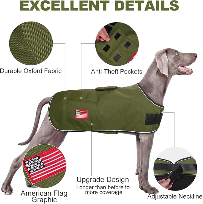 BEAUTYZOO Dog Winter Coat for XX-Large Dogs Waterproof, Warm Reflective Great Dane Oxford Canvas Jacket, Fleece Dog Cold Weather Coats Windproof for Female Male Dogs, Green XXL