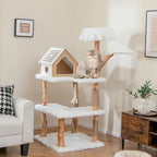 PETSITE 60 inch Solid Wood Cat Tree Tower, Multi-Level Wooden Cat Tower with Jute Scratching Posts, Cat Condo, Sisal Rope, Soft Long Plush, Modern Tall Cat Tree for Indoor Cats Large Adult