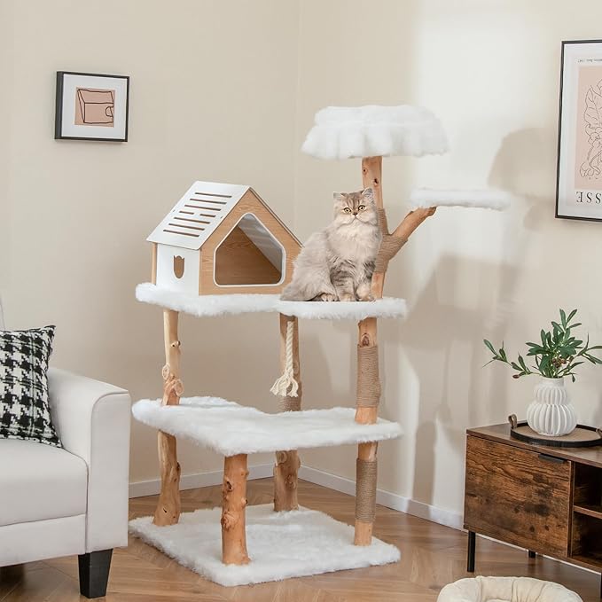PETSITE 60 inch Solid Wood Cat Tree Tower, Multi-Level Wooden Cat Tower with Jute Scratching Posts, Cat Condo, Sisal Rope, Soft Long Plush, Modern Tall Cat Tree for Indoor Cats Large Adult