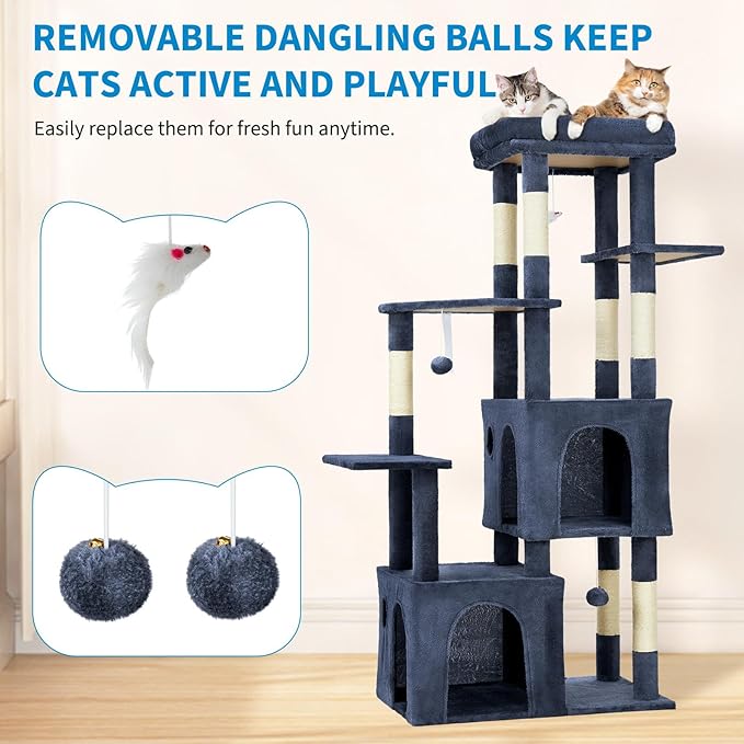 61" Heavy-Duty Multi-Level Cat Tree Tower for Large Cats & Maine Coons – Jumbo Perch, Dual Spacious Condos, Robust Sisal Scratching Posts, Play Toys