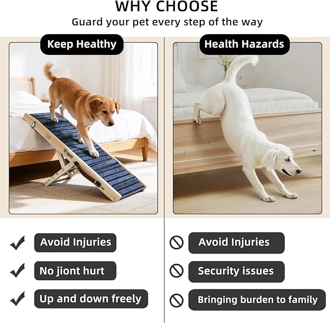 ZJSF Foldable Dog Ramp for High Bed, Wooden Dog Stairs to Bed for Small Dogs, High Traction Platform with 4 Adjustable Heights (14"-19.7"), 33", Supports up to 70 lbs