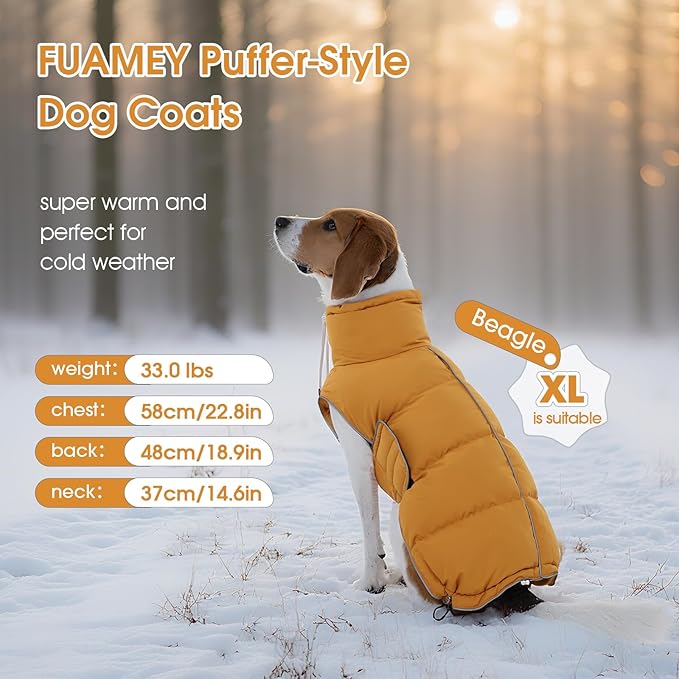 FUAMEY Dog Puffer Jacket for Large Dogs,Dog Cold Weather Coats Winter Dogs Down Jackets Waterproof Pet Snowsuits Warm Puppy Winter Vest Turtleneck Pets Adjustable Jackets Coats Mustard Yellow L