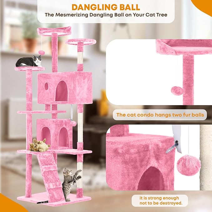 70in Cat Tree for Indoor Cats, Cat Tower with Cat Scratching Post, Multi-Level Cat Furniture, Cat Tower with Funny Toys for Kittens-Pink