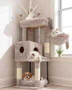 Heybly Cat Tree, 45.3-Inch Cat Tower for Indoor Cats with Large Perch, All-in-One Cat Furniture with Cozy Bed, Hidden Space Cat Condo, Comfy Hammock, Scratching Posts & 3 Pompoms, Muchroom HCT202SMU