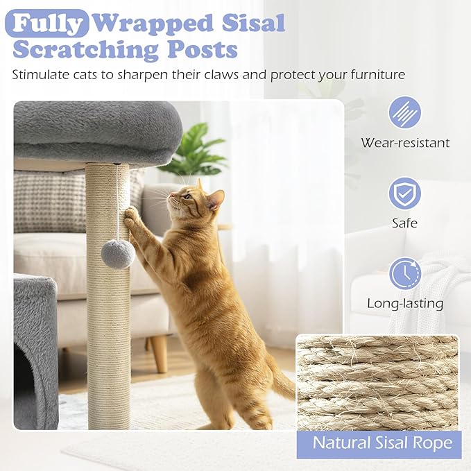 Tangkula Small Cat Tree for Indoor Cats, Cat Tower with Sisal Scratching Posts, Hanging Pompom, Cat Condo with Large Padded Plush Perch for Small Spaces, Kittens (Light Grey)