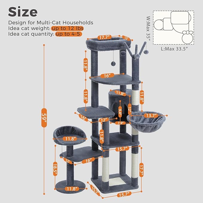 Large Cat Tree for Indoor Cats, 59" Tall Cat Tower with 3 Removable Pompom Sticks, Spacious Condo, Large Hammock and Scratching Posts, Sturdy Play House for Large Cats,Dark Grey