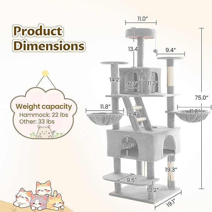 75" Cat Tree Large Cat Tower Condo w/Multi-Level Scratching Post Cat Stairs for Indoor Cats (Light Grey)